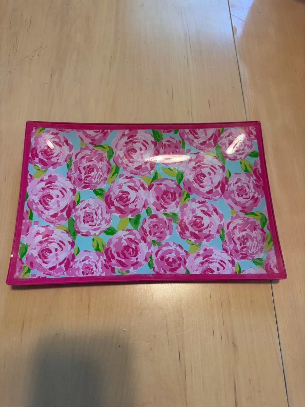 Lilly Pulitzer Pink Rose Pattern Catch All Glass Tray